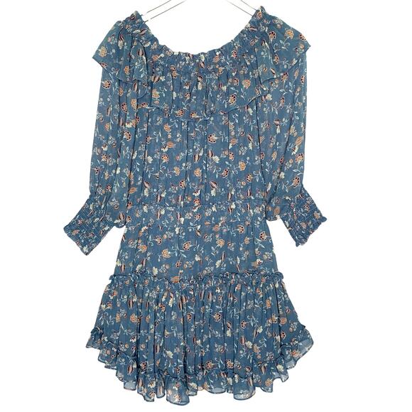MISA Los Angeles Katryna Off Shoulder Ruffle Mini Dress Blue Floral M Cottage - Picture 3 of 9